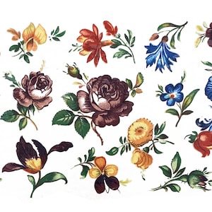 May include: Watercolor illustration of various flowers in shades of red, yellow, blue, and purple. The floral arrangement includes roses, pansies, and other blossoms with green leaves, all set against a white background.