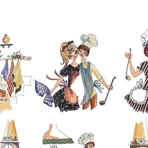 Illustrated "Cooks in the Kitchen" Ceramic Decals: Vintage Water Mount, Kiln-Fire (Lot of 12)