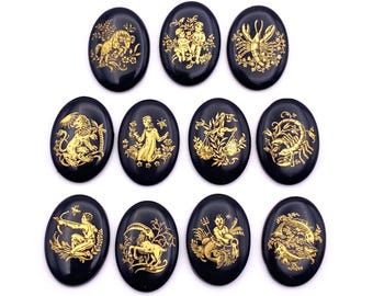 Small Zodiac Cabochons (1" x 11/16") Vintage Black Glass Oval Inserts: Set of 11 Signs