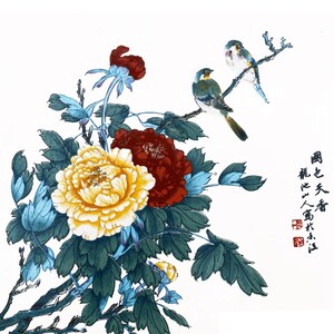 May include: A traditional Chinese painting featuring a branch of blooming peonies in shades of yellow, red, and blue, with two small blue birds perched on a branch. The painting includes Chinese calligraphy in black ink.