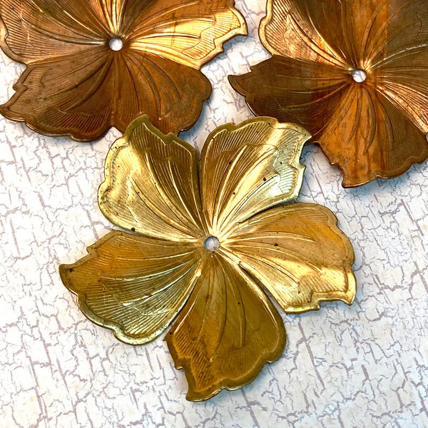 Large Hibiscus Flower Stamped Copper Vintage: Embossed Pressed Metal Assemblage Pieces, Lot of 10