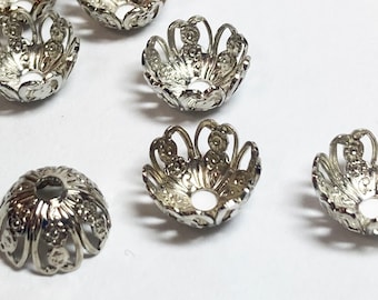 40 pcs Fancy Bead Caps: Medium Silver Filigree Vintage Findings, 3/8 Inch (10mm)