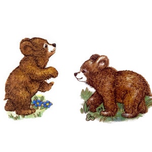 May include: Two brown bear cubs, one standing on its hind legs and the other walking on all fours, are depicted in a cartoon style. The bear cubs are surrounded by green foliage and blue flowers.