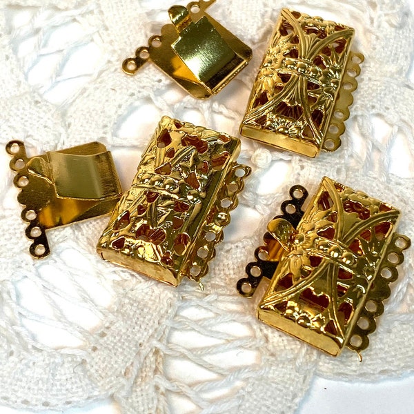 Clasps for Bracelet or Necklace, Six-Strand Styles: Fancy Filigree Vintage gold plated Findings, Lot of 6 Sets