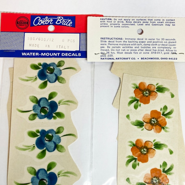 Vintage Ceramic Decals: Orange and Blue Flowers, Water-Mount, Kiln-Fire (Lot of 24)