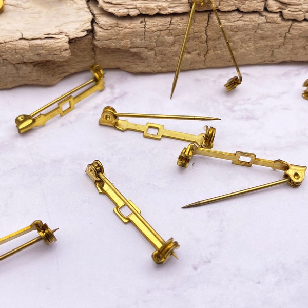 1" Brass Pin Backs with Square Hole & Safety Clasp: Vintage Jewelry Findings, Lot of 24