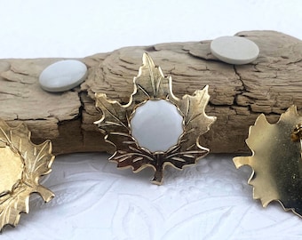 DIY Maple Leaf Brooch Pin with Ceramic Insert: Vintage Jewelry Making Supplies (Lot of 3)