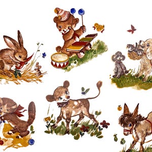 May include: Watercolor illustration featuring six adorable animals: a rabbit, a bear, a deer, a squirrel, a poodle, and a donkey. The animals are depicted in a vintage style, surrounded by flowers and grass, with a playful and whimsical aesthetic.