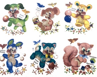 Children's Ceramic Decals "Cute Critters": Vintage Water-Mount, Kiln-Fire (Available in 4 sizes)