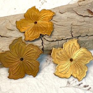 Medium Hibiscus Flower Stamped Brass: Vintage Embossed Pressed Metal Assemblage Pieces, Lot of 10 image 1