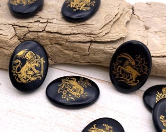 Small Glass Zodiac Inserts (1" x 11/16") Vintage Black Glass Ovals Featuring Gold Astrology Symbol, CHOOSE Your Sign (Lot of 6 Pieces)