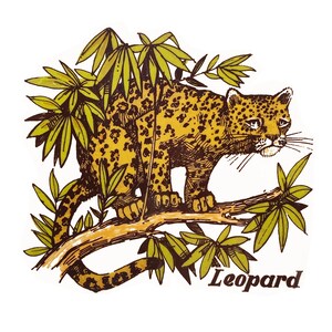 May include: A brown and yellow leopard with black spots is perched on a branch of a green leafy tree. The word "Leopard" is written in brown letters below the image.