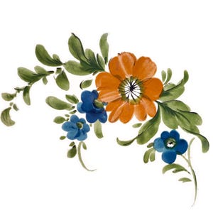 May include: Watercolor floral arrangement featuring an orange flower with a black center, surrounded by blue flowers and green leaves. The design is painted on a white background, creating a delicate and artistic composition.