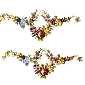 May include: Two floral arrangements with a symmetrical design. Each arrangement features a cluster of red, yellow, and purple flowers with green leaves. The flowers are arranged in a curved shape, resembling a vine.