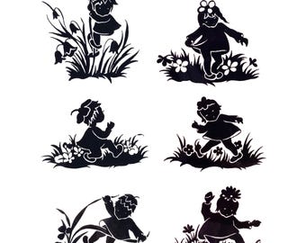 Fairy Children Silhouettes, Ceramic Decals: Vintage Water-Mount, Fire Kiln (Multiple Sizes Available)