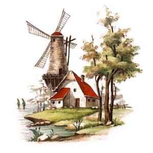 Könnte beinhalten: Aquarellmalerei einer niederländischen Landschaft mit einer Windmühle, einem Haus mit rotem Dach und Bäumen. Die Szene umfasst ein Gewässer mit kleinen Booten, alles vor weißem Hintergrund.