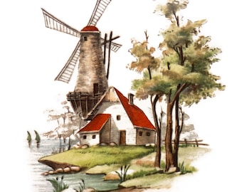 Old Holland Windmill 3-3/8" L Ceramic Decals: Vintage Water-Mount, Kiln Fire (Lot of 16)