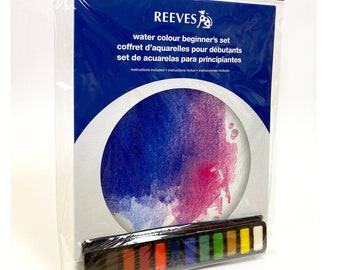 May include: A Reeves water color beginner's set with a blue and pink watercolor wash on the front of the box. The set includes 12 watercolor pans in a black tray.