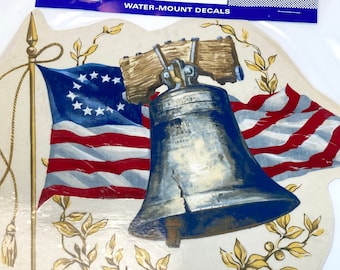 Vintage Ceramic Decal: "Liberty Bell & Flag" - Water-Mount, Kiln Fire (Lot of 4)