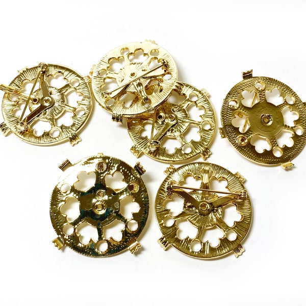 Gold-Plated Brooch Blanks, Vintage Jewelry Making Supplies: 1-3/4" Round Pin or Pendant Setting (Lot of 6)