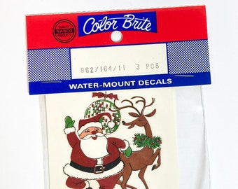 Vintage "Skating Santa" & Reindeer Cartoon Decal : Holiday Water-Mount Decals for Ceramics, Lot of 9