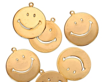 Medium Smiling Face Charms, 1" Circle: Vintage Jewelry Making Supplies, Gold-Tone Pendant (Lot of 6)