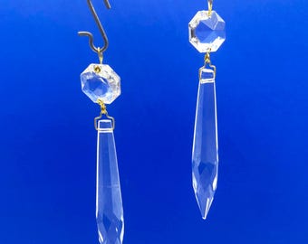 4" Crystal Prism Drops, 2pc Faceted Glass with Brass Wire: Vintage Craft & Lighting Supply for Jewelry, Chandeliers, and More