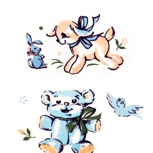 May include: A blue teddy bear with a green bow, a blue bird flying, a light brown lamb with a blue bow, and a blue bunny rabbit.