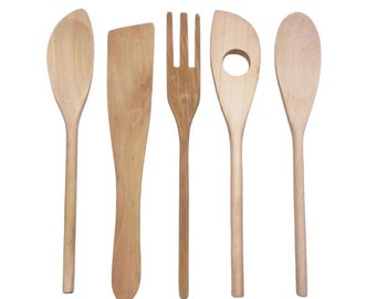 Wooden Kitchen Utensils: 5 Piece Tool Set for Cooking, Baking, or Crafting (Unfinished)