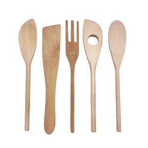 May include: Set of five wooden kitchen utensils, including a spoon, spatula, fork, and two ladles. The utensils are all made of natural wood and have a light brown color.