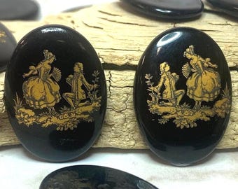 Proposal Scene Cameo on Black Glass: 24mm x 17.5mm Oval, Vintage Cabochon Inserts (LOT OF 12)