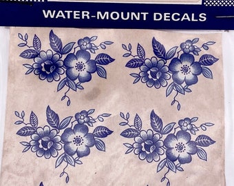Small 1-3/8" Blue Floral Ceramic Decals: Vintage Water-Mount, Kiln Fire (Lot of 36)