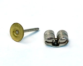 Blank Earring Studs for Pierced Ears, Vintage Jewelry Making Supplies: 5mm Flat Finding, Standard Post, Push Backs (Lot of 50)