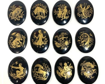 ZODIAC Signs, Large Cabochons: Vintage Black Glass Oval Inserts, Full Set of 12