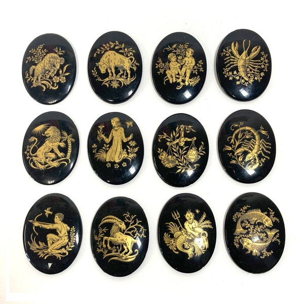 ZODIAC Signs, Large Cabochons: Vintage Black Glass Oval Inserts, Full Set of 12