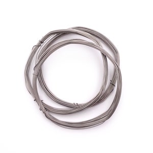May include: A roll of silver-colored wire, coiled into a circle, on a white background.