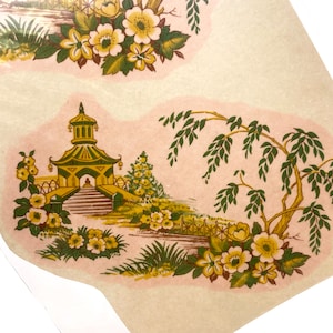 Pagode Gartenlandschaft: Vintage Keramik Abziehbilder, Wasserspiele, Ofenfeuer (Lot von 12)