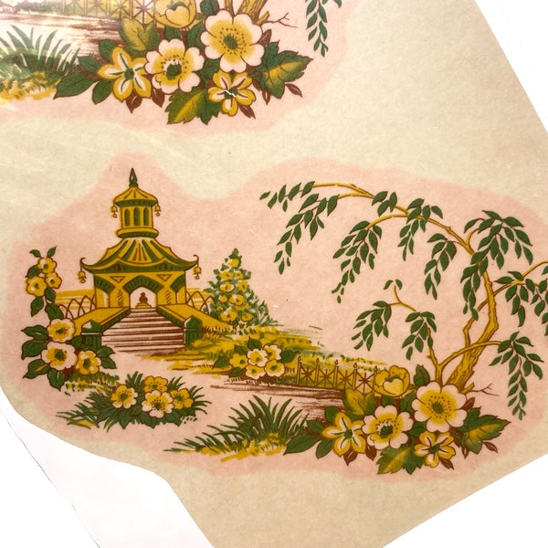 Pagoda Garden Scenery: Vintage Ceramic Decals, Water-Mount, Kiln Fire (Lot of 12)