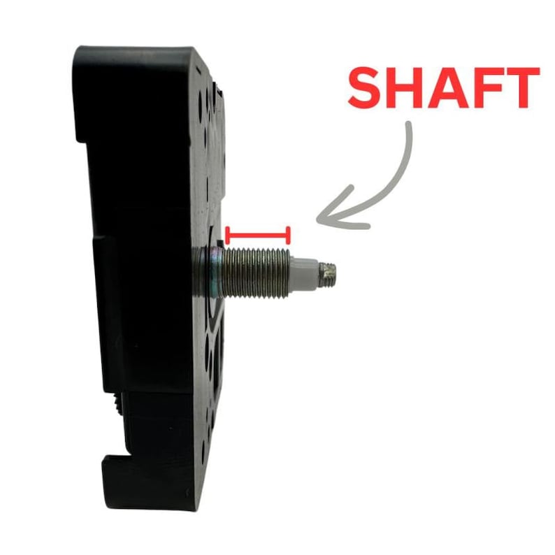 K&ouml;nnte beinhalten: Eine schwarze, rechteckige Komponente mit einer Gewindewelle, die sich davon erstreckt. Das Wort "SHAFT" steht in Rot &uuml;ber der Welle, mit einer roten Linie, die das Ma&szlig; angibt. Die Welle ist etwa 1,3 cm lang.