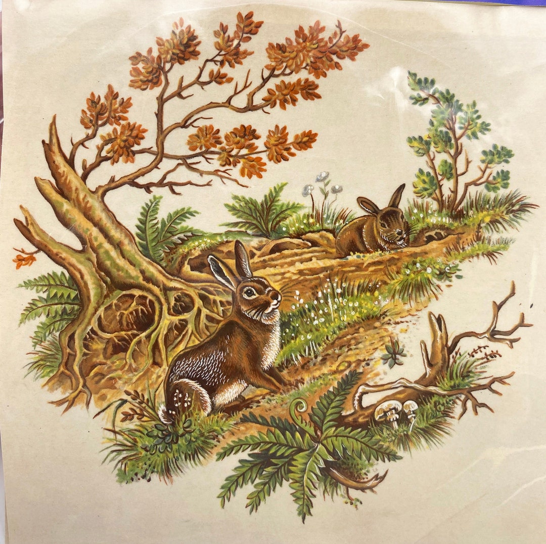 Scene of Two Rabbits Ceramic Decals: Vintage Water-mount, Kiln Fire ...