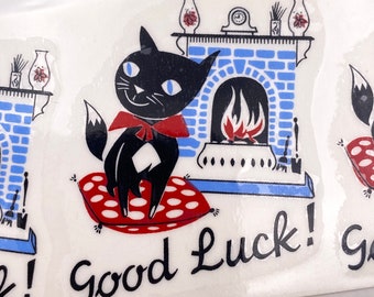 Vintage Ceramic Decals: "Good Luck!" Cat Illustration, Water-Mount, Kiln-Fire (Lot of 20)