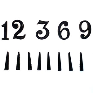 May include: A set of five black decorative numbers including 1, 2, 3, 6, and 9, featuring a stylized serif font. Below the numbers are eight small, black, wedge-shaped components arranged in a horizontal row, all set against a plain white background.