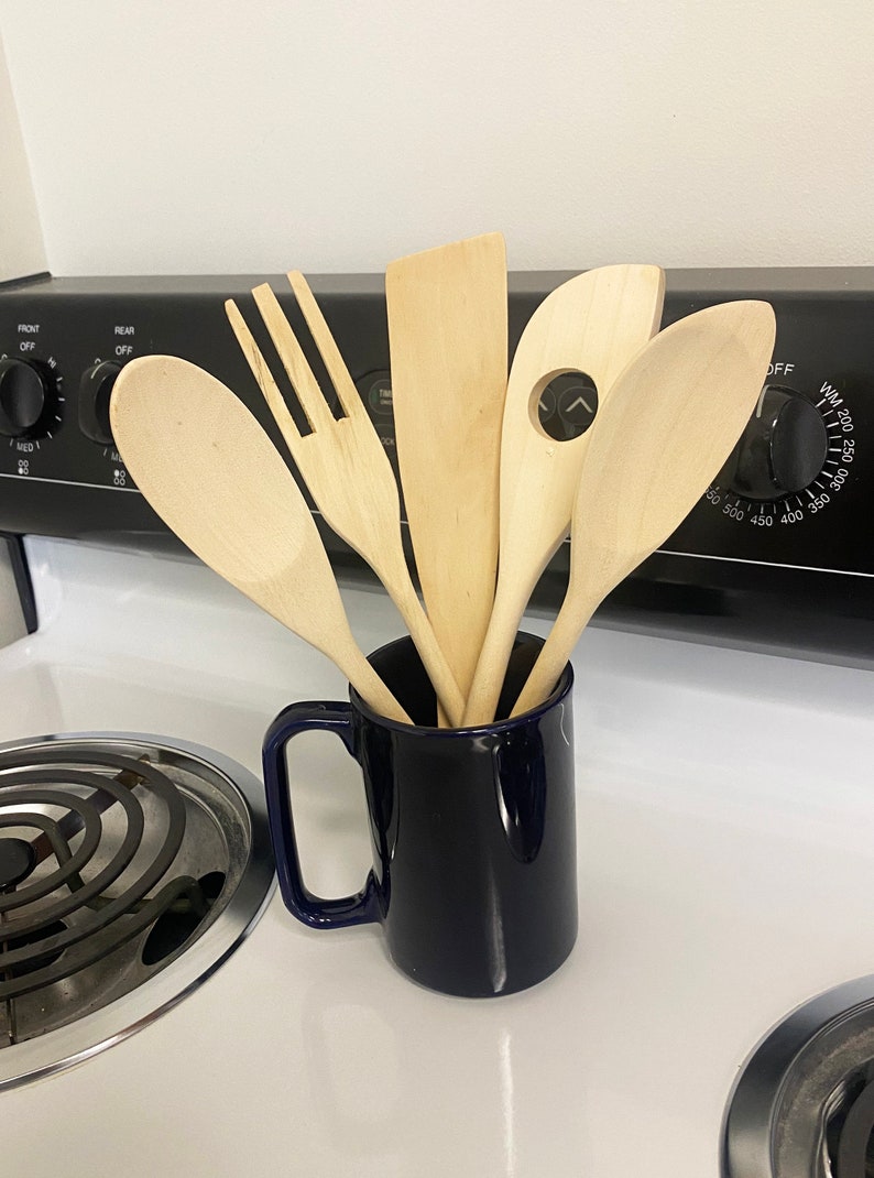 Wooden Kitchen Utensils: 5 Piece Tool Set for Cooking, Baking, or Crafting (Unfinished) image 5