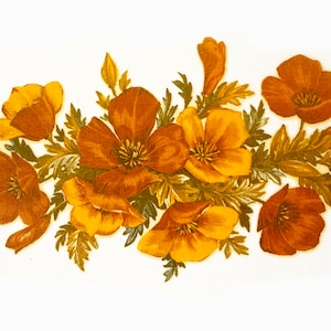 May include: Watercolor illustration of a floral arrangement featuring golden and orange California poppies. The flowers have multiple petals and surround a central yellow stamen. Green and gray leaves and stems complete the design.