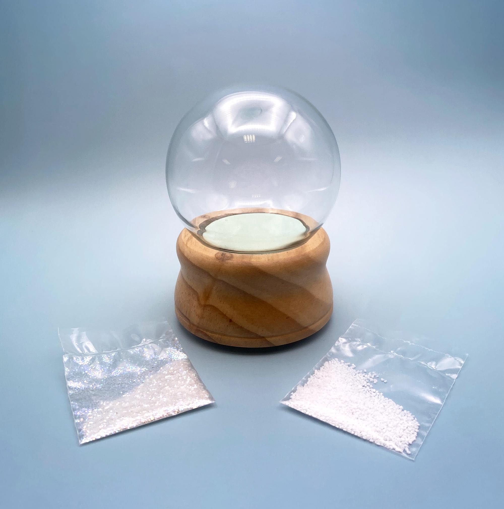 Vintage Water Globe Kit: DIY CRAFT includes 3-3/4" Dia. Glass, 2-1/2" Gasket, Wood Base & Glitter/Snow