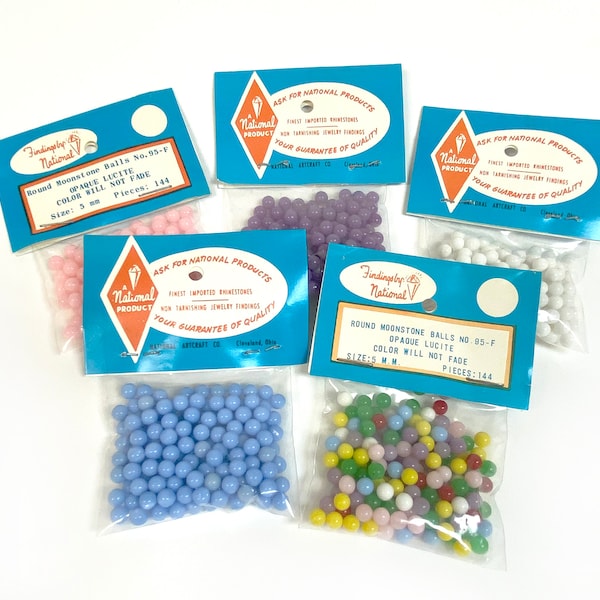 Moonstone Lucite Balls, Vintage Jewelry Making Supplies: Multiple Colors of 5mm Balls, Lot of 5 Packages (144 pcs each)