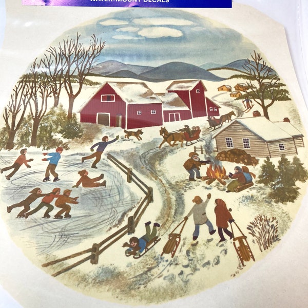 Vintage Ceramic Decal: Large "Winter Skating" Scene, 8" - Water-Mount, Kiln Fire (Single Sheet)