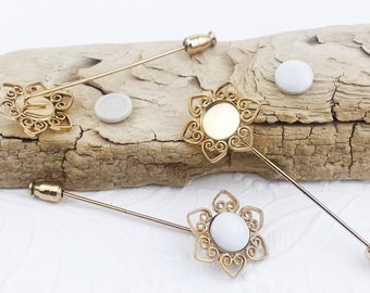 DIY Filigree Flower Stick Pin with Ceramic Insert: Vintage Jewelry Making Supplies (Lot of 3)