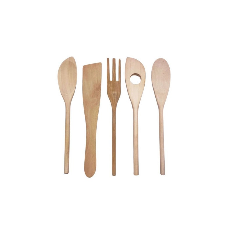 May include: Set of five wooden kitchen utensils, including a spoon, spatula, fork, and two ladles. The utensils are all made of natural wood and have a light brown color.