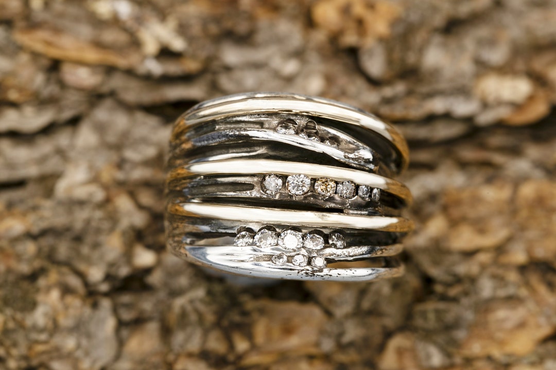 Stringy Ring Sterling Silver String Pinky Ring +3 14K Gold Bands + 1/3 C Diamonds - Etsy